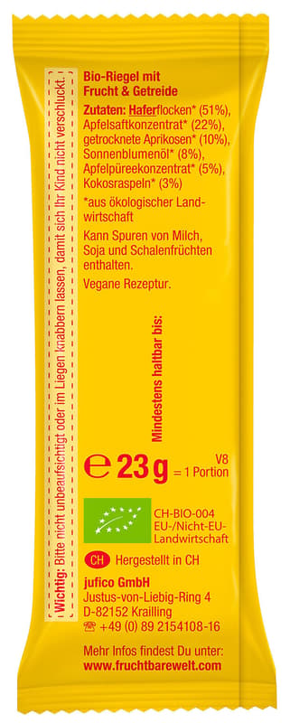 FruchtBar Bio Riegel Aprikose, Apfel, Hafer