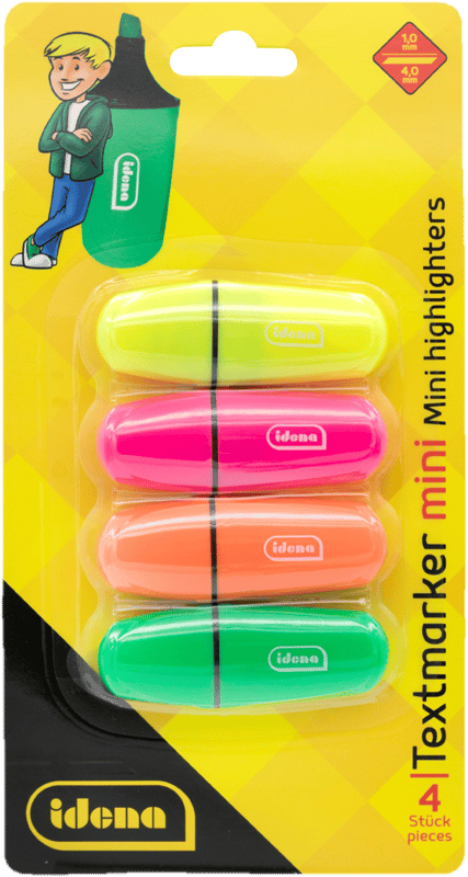 Idena Textmarker 1-4mm Mini leuchtende Farben gelb pink orange grün 4 Stück