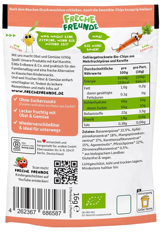 Freche Freunde Organic Smoothie Chips Multifruit with Carrot 16g