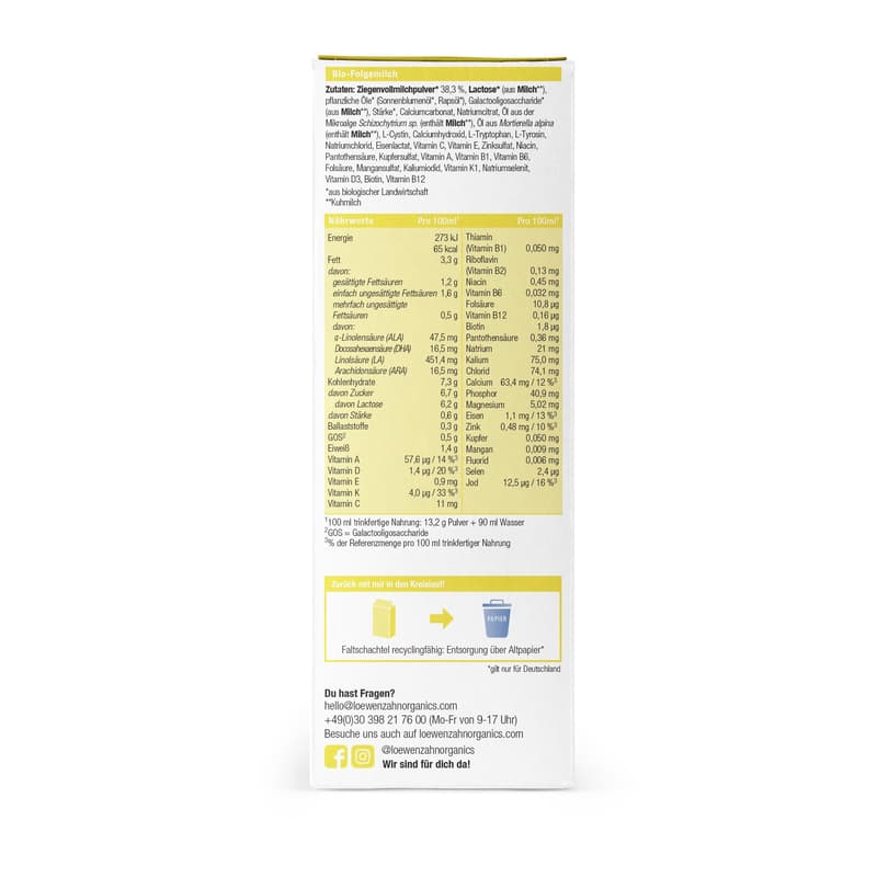 Löwenzahn Organics Bio Folgemilch aus Ziegenmilch nach dem 6. Monat