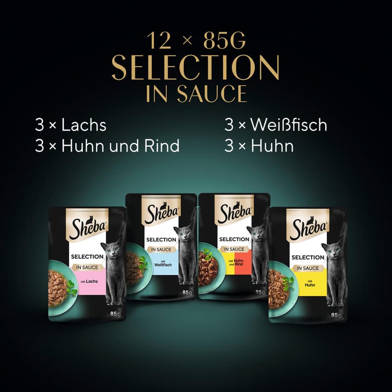 SHEBA Selection Multipack Pouch Portions Fine Variety 4 Varieties Salmon, White Fish, Chicken & Beef, Chicken in Sauce MSC 12x85g