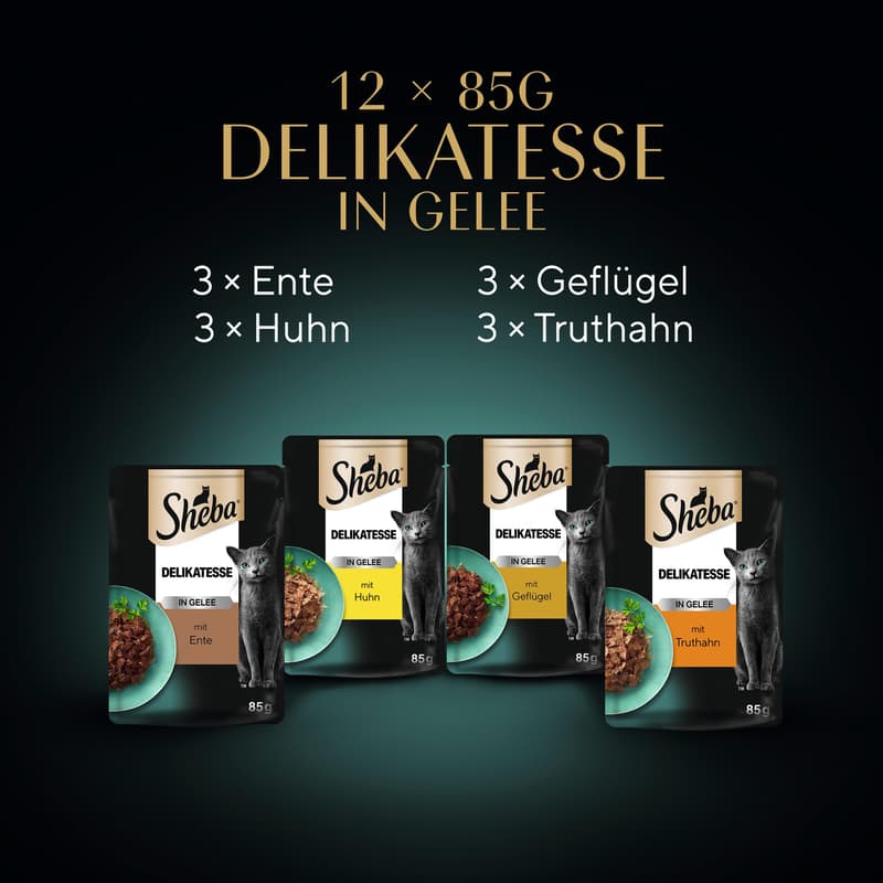 SHEBA Delicacy multipack portion pouches Poultry Selection 4 varieties duck, chicken, poultry, turkey in jelly 12x85g