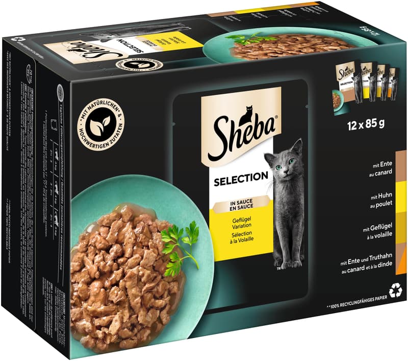 SHEBA Selection Multipack Pouch Portions Poultry Variety Pack 4 varieties Duck, Chicken, Poultry, Duck & Turkey in Sauce 12x85g