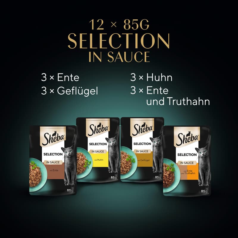 SHEBA Selection Multipack Pouch Portions Poultry Variety Pack 4 varieties Duck, Chicken, Poultry, Duck & Turkey in Sauce 12x85g