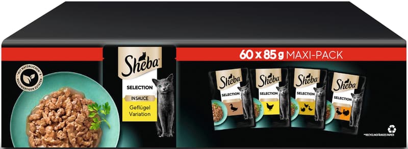 SHEBA Selection Multipack Pouch Portions Poultry Variety 4 Varieties Duck, Chicken, Poultry, Duck & Turkey in Sauce 60 x 85 g