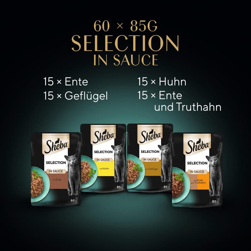 SHEBA Selection Multipack Pouch Portions Poultry Variety 4 Varieties Duck, Chicken, Poultry, Duck & Turkey in Sauce 60 x 85 g