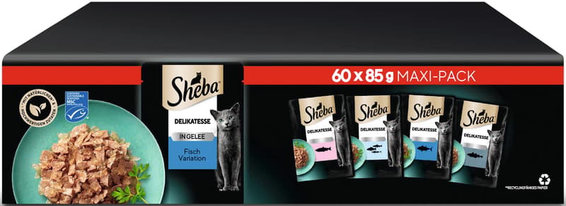 SHEBA Delikatesse Multipack Portionsbeutel Fisch Variation 4 Varietäten Lachs, Weißfisch, Thunfisch, Kabeljau in Gelee MSC 60x85g