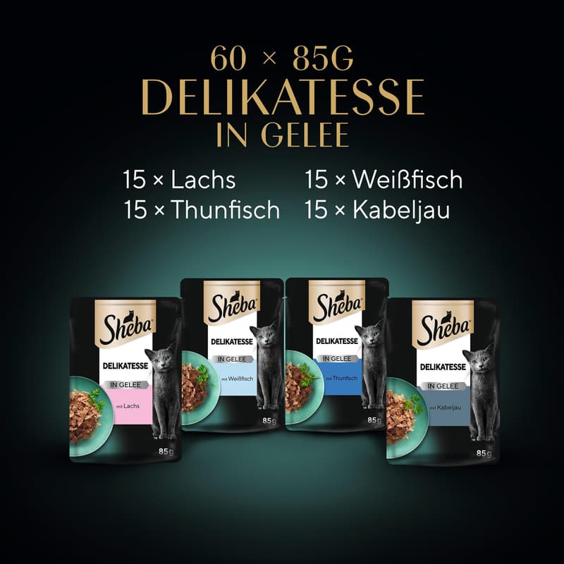 SHEBA Delikatesse Multipack Portionsbeutel Fisch Variation 4 Varietäten Lachs, Weißfisch, Thunfisch, Kabeljau in Gelee MSC 60x85g