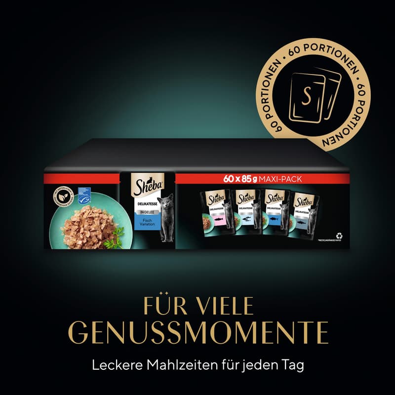 SHEBA Delikatesse Multipack Portionsbeutel Fisch Variation 4 Varietäten Lachs, Weißfisch, Thunfisch, Kabeljau in Gelee MSC 60x85g