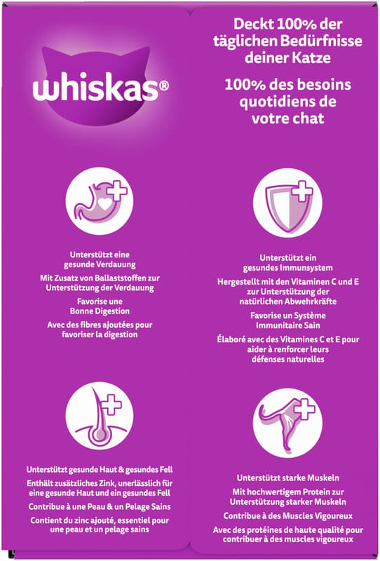 Whiskas Multipack Portionsbeutel 1+ Fisch Auswahl 4 Varietäten Lachs, Thunfisch, Kabeljau, Weißfisch in Gelee 12x85g