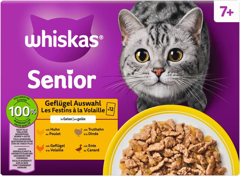 Whiskas Multipack Senior 7+ Pouches Poultry Selection 4 Varieties Chicken, Duck, Poultry, Turkey in Jelly 12x85g