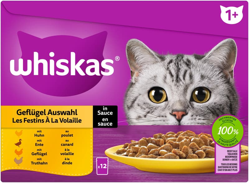 Whiskas Multipack Pouch Portions 1+ Poultry Selection 4 varieties chicken, duck, poultry, turkey in sauce 12x85g