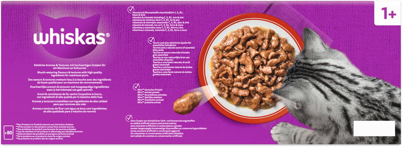 Whiskas Multipack Pouch Portions 1+ Classic Selection 4 Varieties Beef, Chicken, Lamb, Poultry in Gravy 80x85g