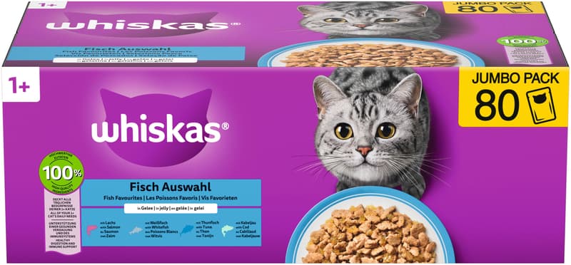 Whiskas Multipack Pouch Portions 1+ Fish Selection 4 Varieties Salmon, Tuna, Cod, Whitefish in Jelly 80 x 85 g