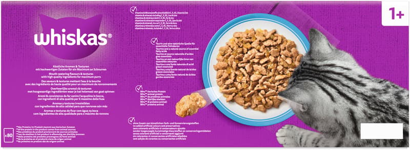 Whiskas Multipack Pouch Portions 1+ Fish Selection 4 Varieties Salmon, Tuna, Cod, Whitefish in Jelly 80 x 85 g