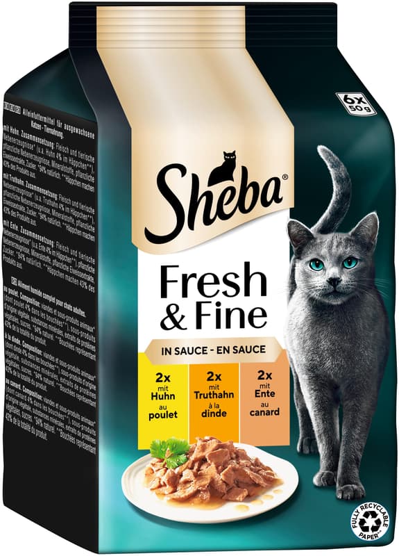 SHEBA Fresh & Fine Multipack Portion Pouches Chicken, Turkey & Duck in Sauce 6x50g
