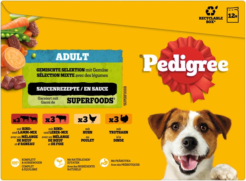 PEDIGREE multipack pouch portions mixed selection with vegetables, 4 varieties: beef & lamb, beef & liver, chicken, turkey in gravy, 12 x 100 g