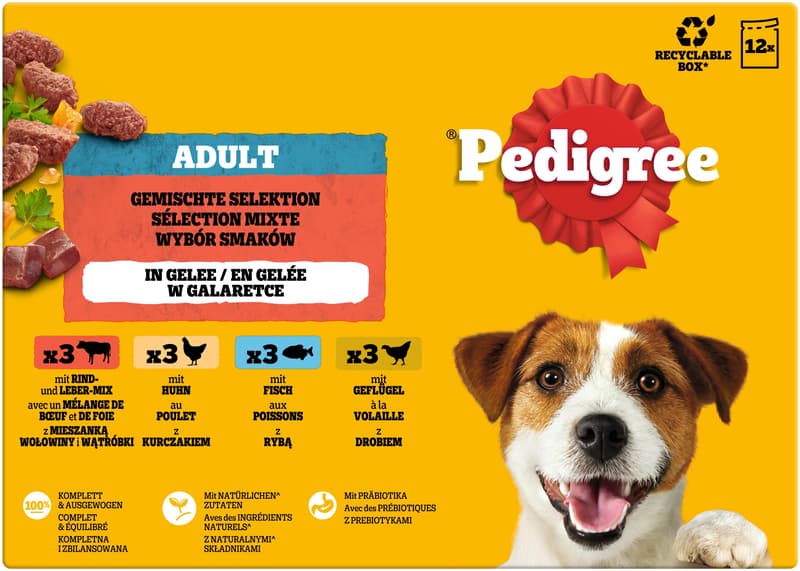 PEDIGREE Multipack portion pouches mixed selection 4 varieties beef & liver mix, chicken, fish, poultry in jelly 12x100g