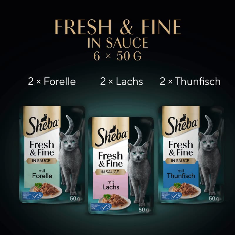 Sheba Fresh & Fine Multipack Portionsbeutel Lachs, Thunfisch & Forelle in Sauce MSC 6x50g
