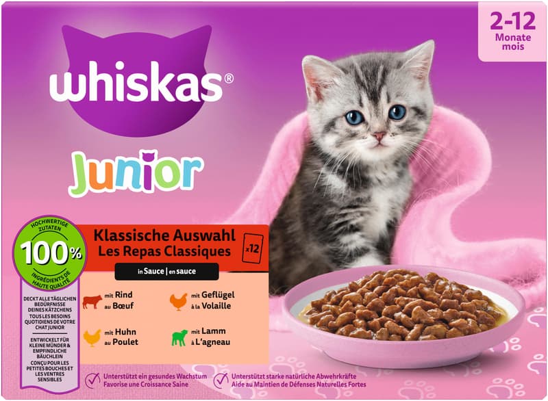 Whiskas Junior multipack pouches classic selection 4 varieties beef, chicken, lamb, poultry in gravy 12x85g