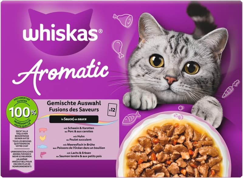 Whiskas Aromatic Multipack Pouches 1+ Mixed Selection 4 Varieties Pork, Chicken, Ocean Fish, Salmon in Sauce 12x85g
