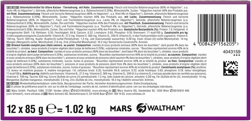 Whiskas Multipack Portionsbeutel Senior 7+ Gemischte Auswahl 4 Varietäten Rind, Huhn, Lachs, Thunfisch in Sauce 12x85g