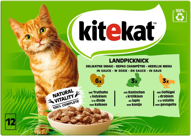 Kitekat™ Multipack Portionsbeutel Landpicknick 3 Varietäten Truthahn, Kaninchen, Geflügel in Sauce 12x85g