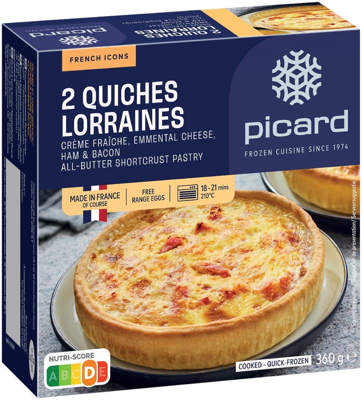 PICARD 2 LORRAINE QUICHES : Crème fraîche, Emmental cheese, Bacon.