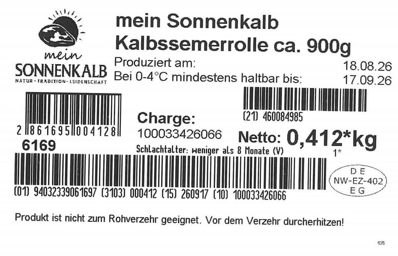 Mein Sonnenkalb Kalbssemerrolle entfettet ca. 900g