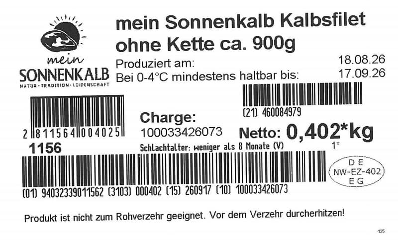 Mein Sonnenkalb Kalbsfilet ohne Kette rosé ca. 900g