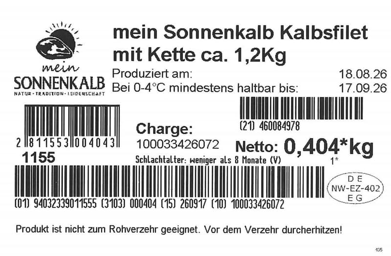Mein Sonnenkalb Kalbsfilet mit Kette rosé ca. 1,2Kg