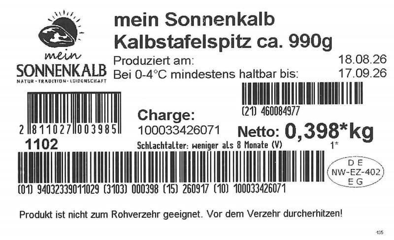 Mein Sonnenkalb Kalbstafelspitz rosé ca. 990g