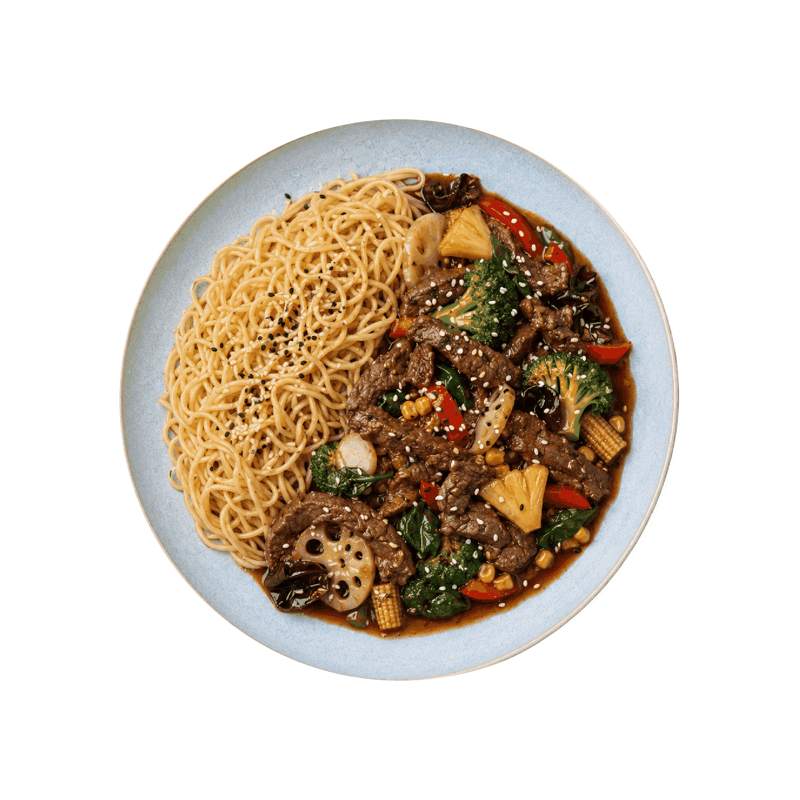 Freshfoodz beef strips in teriyaki sauce, served with Mie noodles