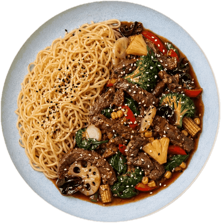 Freshfoodz beef strips in teriyaki sauce, served with Mie noodles