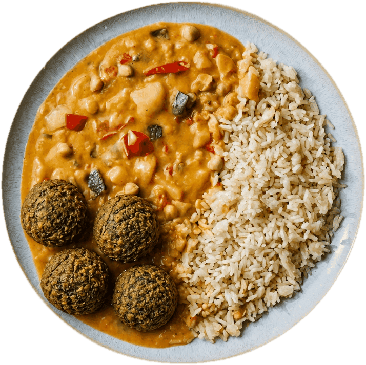 Freshfoodz Falafel dazu Massamancurry und Langkornreis