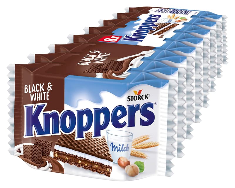 Knoppers Black & White – die knusprige Waffelschnitte mit dunklen Kakaowaffeln, dunklen Gebäckstückchen und leckerer Nugatcreme, Multipack, 1 x 200g (8x25g)