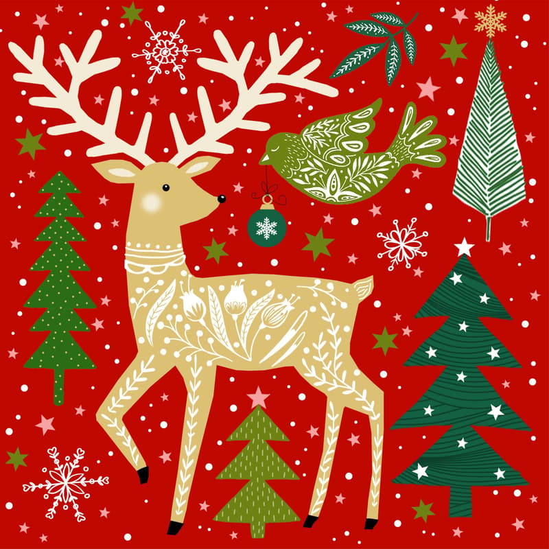 Serviette 33x33cm "Folk Deer rot"