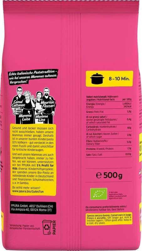 PPURA ORGANIC Fusilli tricolore for Kids - made from Italian durum wheat & whole wheat