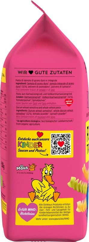PPURA ORGANIC Fusilli tricolore for Kids - made from Italian durum wheat & whole wheat