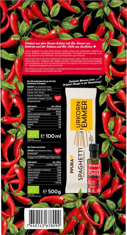 PPURA ORGANIC Gift Set Emmer Spaghetti & Chili-Flavored Olive Oil