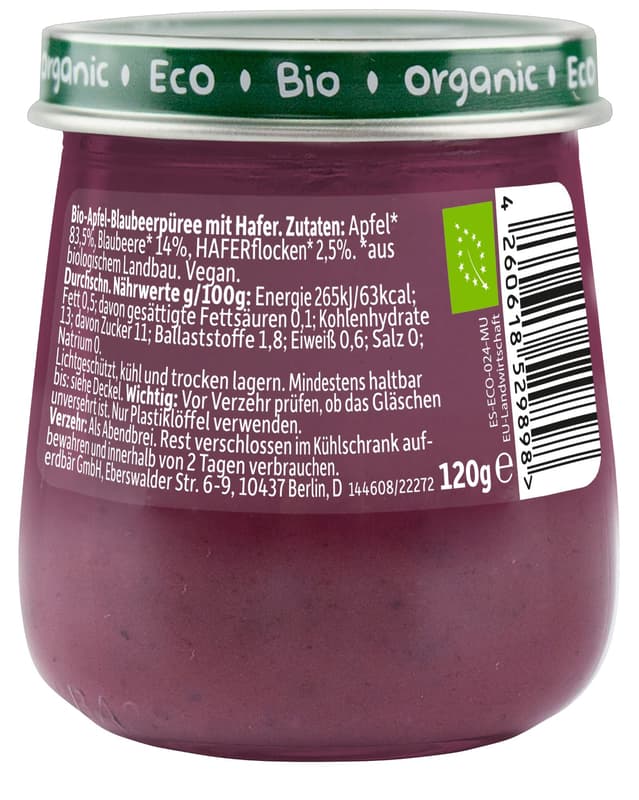 Freche Freunde Bio Gläschen Abendbrei Apfel, Blaubeere mit Hafer
