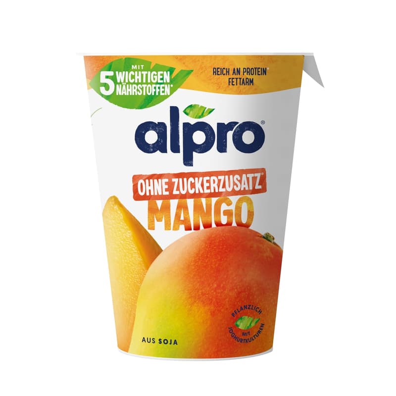 Alpro soy yogurt alternative with more fruit and no added sugar Mango
