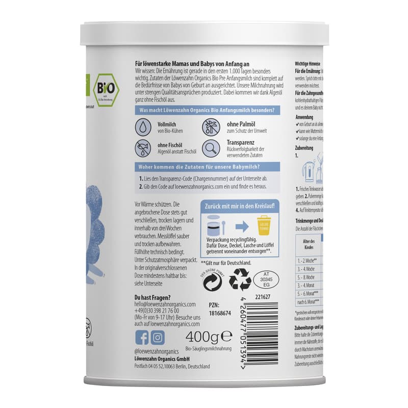 Löwenzahn Organics Pre formula milk PRE made from whole milk from birth