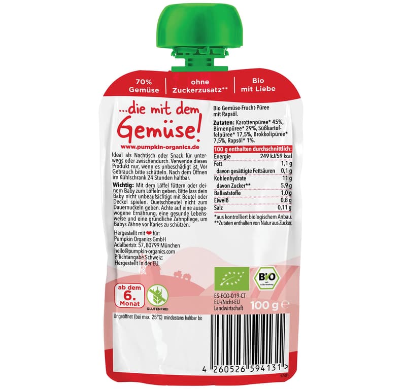 Pumpkin Organics - Bio Gemüse-Quetschie Karotte, Birne, Süßkattoffel, Brokkoli