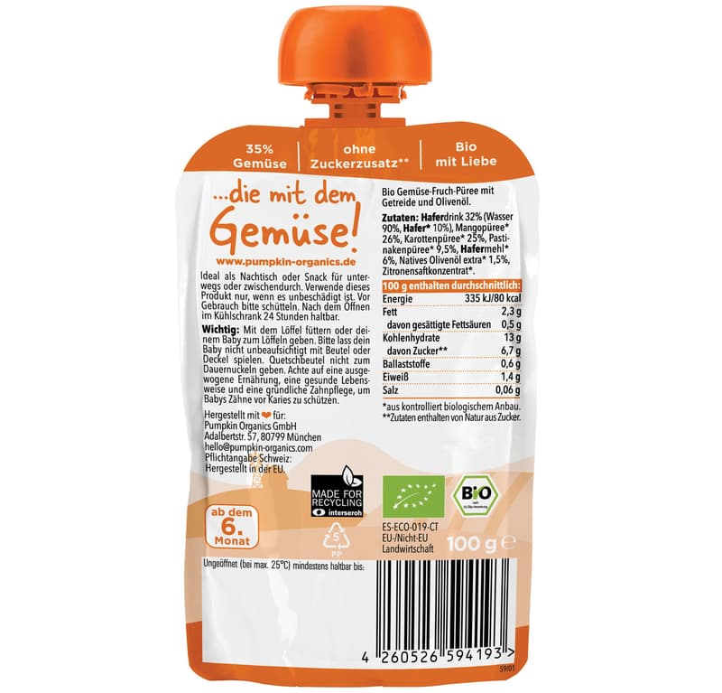 Pumpkin Organics - Organic vegetable cereal squash mango, carrot, parsnip, oats