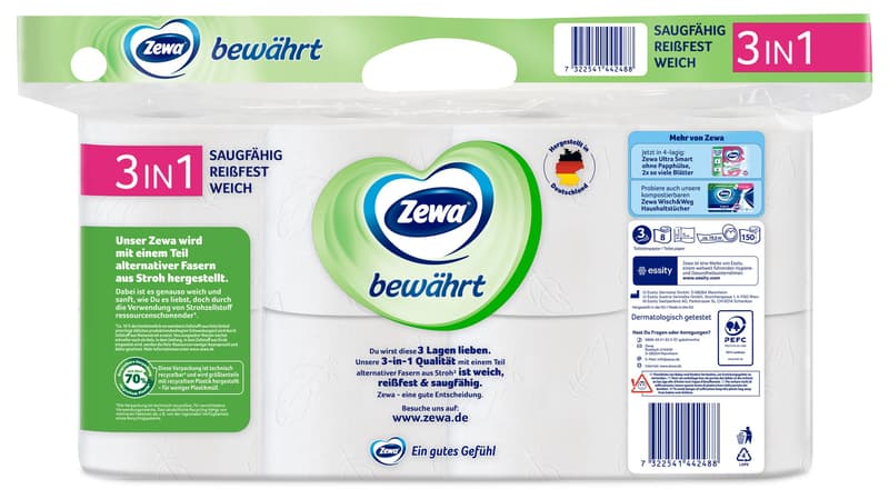Zewa Toilettenpapier Bewährt mit Strohanteil, 3-lagig