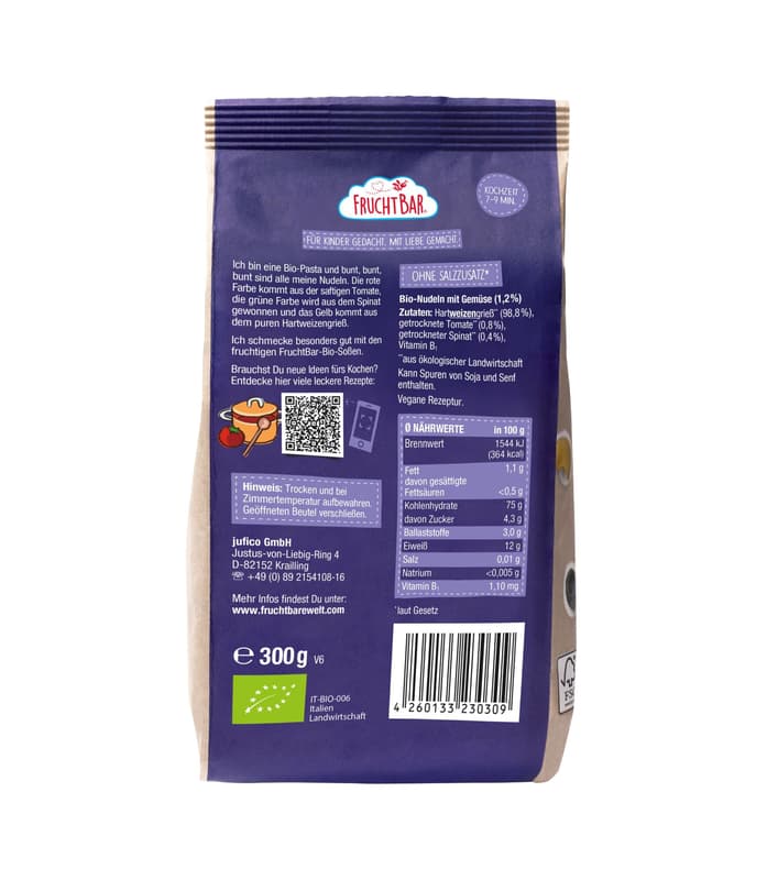 FruchtBar organic noodles with tomato and spinach