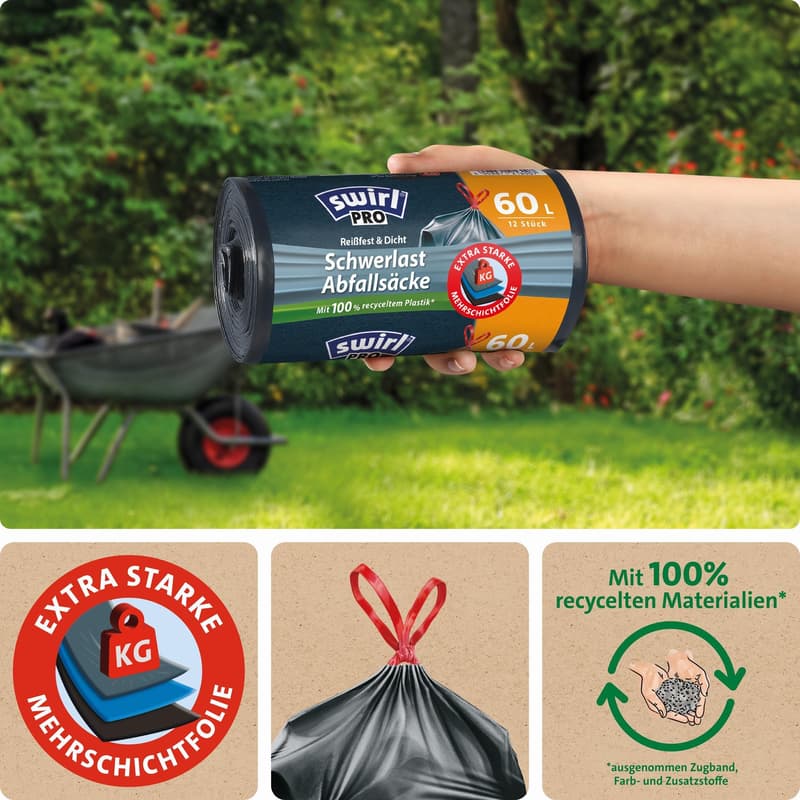 Swirl 60 l Schwerlast-Säcke Profi mit Zugband Reißfest & Dicht