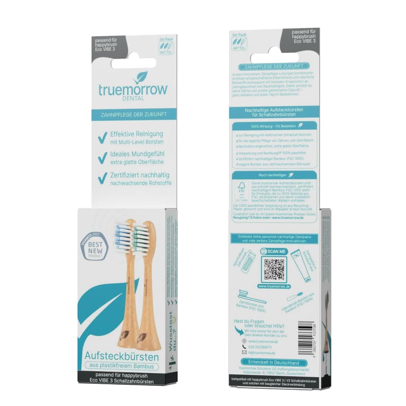 truemorrow DENTAL bamboo brush attachments for happybrush Eco Vibe 3 sonic toothbrushes