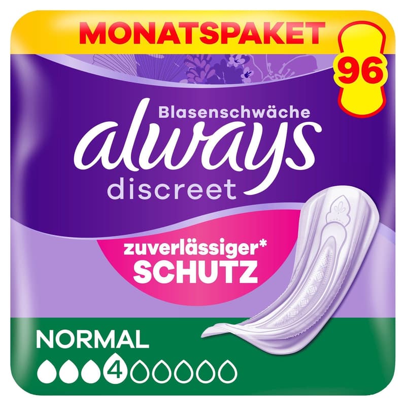 Always Discreet Inkontinenz-Einlagen Normal Monatspaket bei Blasenschwäche, 96 Einlagen (4 Packungen x 24 Stück)